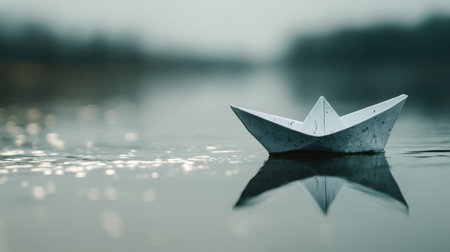 A delicate paper boat rests gently on the water, reflecting the soft light of the surroundings. This serene scene evokes feelings of tranquility and nostalgia.の素材