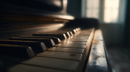 This captivating close-up captures the intricate details of piano keys, softly illuminated by natural light in a forgotten room, evoking nostalgia.の素材