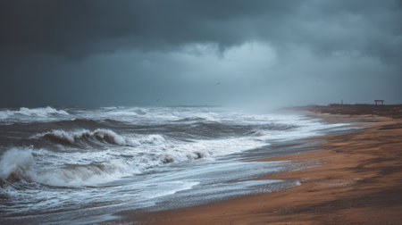 A breathtaking view of turbulent ocean waves crashing onto the sandy beach under dark, moody clouds. The scene captures the intensity and beauty of nature, evoking a sense of adventure and reflection.の素材