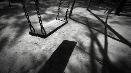 A hauntingly beautiful black and white image of an empty swing in a playground, casting intriguing shadows on the ground, evoking a sense of nostalgia and serenity.の素材