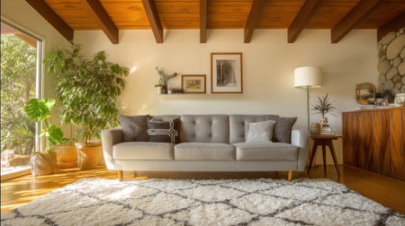 A bright and inviting living room featuring a stylish gray sofa complemented by decorative cushions and a beautiful rug. The space is illuminated by natural light filtering through large windows, showcasing wooden beams and elegant decor elements that create a cozy ambiance perfect for relaxation.の素材