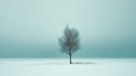 A solitary tree stands in the midst of a snowy expanse, under a calm gray sky, evoking feelings of solitude and serene winter beauty.の素材