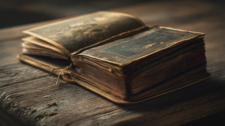 A rustic wooden table holds an antique open book, showcasing weathered pages and intricate illustrations that evoke a sense of history and nostalgia.の素材