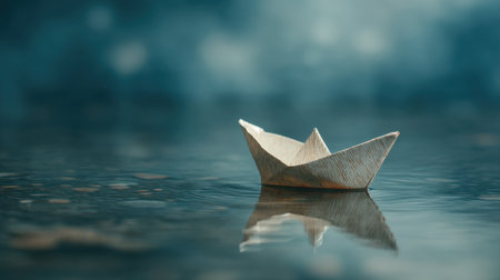 A delicate paper boat gently floats on calm water, reflecting a soft blue background. This artistic image symbolizes dreams, adventures, and tranquility.の素材