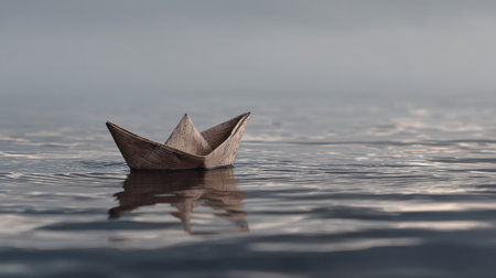 A wooden boat peacefully floats on a still water surface, encapsulating a serene moment in nature during early morning light, evoking calm.の素材