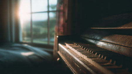A vintage piano bathed in warm sunlight creates a nostalgic ambiance in a serene room with a picturesque outdoor view through the window.の素材