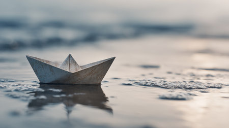 A delicate paper boat gently floats on still water, reflecting the soft colors of sunset, evoking feelings of nostalgia and creativity in nature.の素材