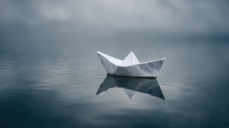 A simple yet captivating image of a white paper boat drifting serenely on calm water. The soft focus background adds dreamy tranquility to this artistic scene.の素材