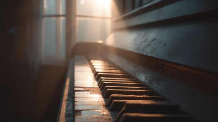 A close-up view of dusty piano keys illuminated by soft golden sunlight filtering through windows, evoking feelings of nostalgia and tranquility.の素材