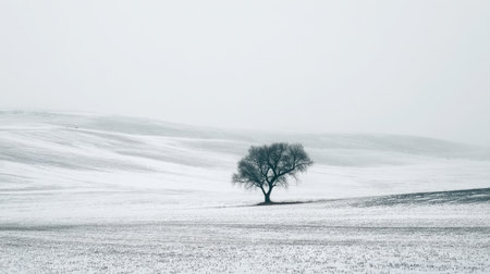 A solitary tree stands in a blanket of snow, set against rolling hills under a gray sky, embodying the serene beauty of winter solitude.の素材