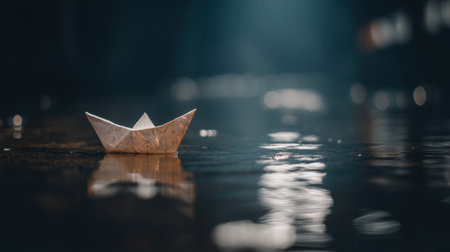 A delicate paper boat gently floats on a serene water surface, capturing reflections of light and creating a dreamy, peaceful ambiance.の素材