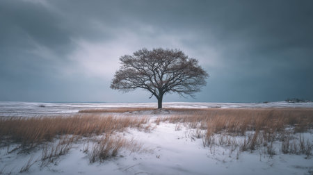 A striking solitary oak tree stands majestically in a winter landscape, surrounded by snow and a calm, moody sky, evoking peace and solitude.の素材