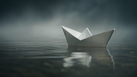 A delicate paper boat drifts softly on tranquil water, surrounded by mist. This image evokes feelings of peace, solitude, and creativity.の素材