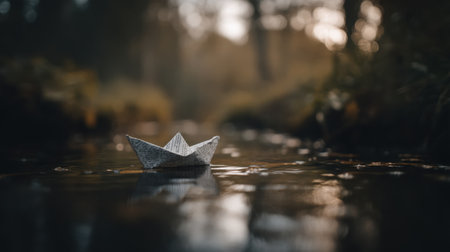 A beautiful paper boat floats serenely on calm water, reflecting soft morning light. This tranquil scene captures the essence of nature's peace and creativity.の素材