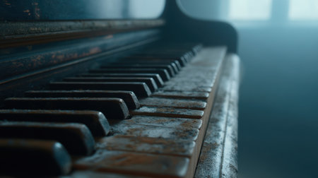 A close-up view of dusty piano keys in a dimly lit room evokes a sense of nostalgia and abandonment. The intricate details and textures tell a story of forgotten music.の素材