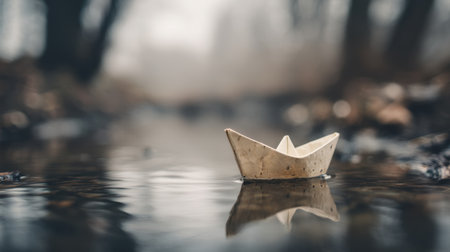 A small paper boat floats gracefully on a calm stream, surrounded by autumn leaves. Soft light enhances the serene and peaceful atmosphere, evoking nostalgia.の素材