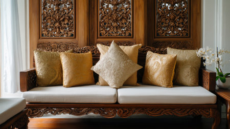 A beautifully crafted wooden sofa adorned with plush decorative cushions, set against an intricately carved backdrop. The image captures a bright and elegant interior, perfect for showcasing comfort and style in home decor.の素材