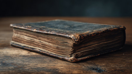 A beautifully aged leather-bound book sits on a rustic wooden table, capturing the essence of history and literature in soft ambient light.の素材