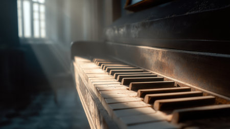 This evocative image captures the detailed keys of an old piano in a dusty room, with gentle sunlight creating a serene atmosphere filled with nostalgia.の素材