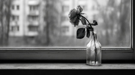 A delicate rose presented in a glass bottle, set against a misty window, evokes feelings of solitude and tranquility in an urban setting.の素材