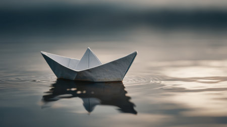 A delicate paper boat floats gently on a tranquil body of water at dusk, creating soft ripples that reflect the peaceful ambiance and minimalist beauty of nature.の素材