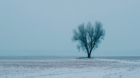 A solitary tree stands amidst a snowy landscape under a gloomy sky, embodying winter's tranquility with soft blue tones and solitude.の素材
