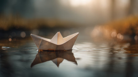 A serene scene featuring a delicate paper boat floating gracefully on calm water, illuminated by soft natural light, creating a tranquil atmosphere.の素材