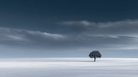 An isolated tree stands majestically in a vast, snowy landscape, surrounded by a dramatic sky filled with soft clouds and gentle light, capturing the essence of winter tranquility.の素材