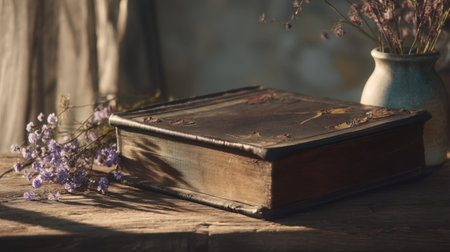 A rustic vintage book rests on a weathered wooden table, accompanied by delicate dried flowers in a serene natural light setting.の素材