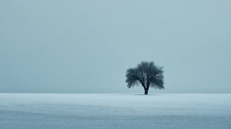 A solitary tree dominates a snowy landscape, encapsulating the essence of winter tranquility under a soft blue sky. The scene evokes calmness.の素材