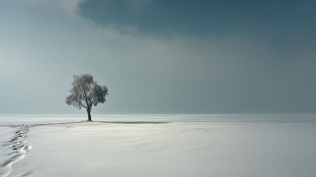 A solitary tree stands in a vast snowy landscape, surrounded by a tranquil atmosphere. The soft light enhances the beauty of winter, creating a serene scene.の素材