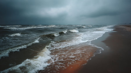 A dramatic seaside scene captures turbulent waves crashing onto a sandy beach under dark, overcast clouds, evoking a sense of calm amidst nature's power.の素材