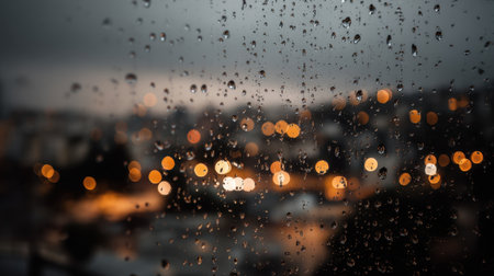 A captivating image of raindrops on a window pane, revealing blurred city lights in the background on a rainy evening. The soft illumination creates a serene atmosphere.の素材