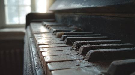 A detailed close-up of dusty antique piano keys bathed in soft natural light, capturing the beauty of decay and nostalgia in a vintage setting.の素材