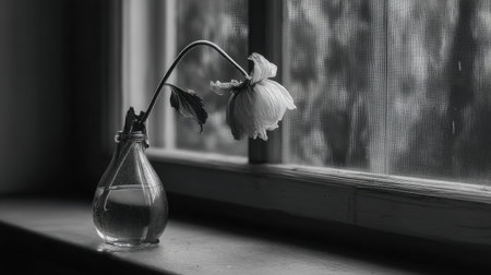 A delicate black and white photograph featuring a wilted flower in a glass vase, perched by a window. The image captures the beauty of decay and simplicity.の素材