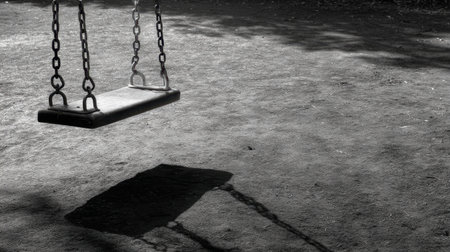 An empty swing in a deserted playground captures a sense of solitude and nostalgia, highlighted by its shadow on the ground in monochrome tones.の素材