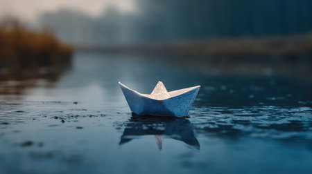 A delicate paper boat floats serenely on calm waters, reflecting a misty background. This tranquil scene encapsulates simplicity and nostalgia in nature.の素材