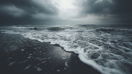 This captivating image showcases the powerful ocean waves crashing against a dark shoreline under dramatic stormy skies, creating a serene yet intense atmosphere.の素材