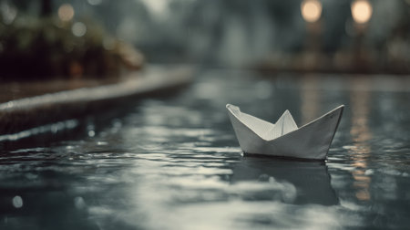A delicate paper boat gently floats on a serene water surface, surrounded by a blurred natural setting. The soft light creates mesmerizing reflections, evoking feelings of tranquility and nostalgia.の素材