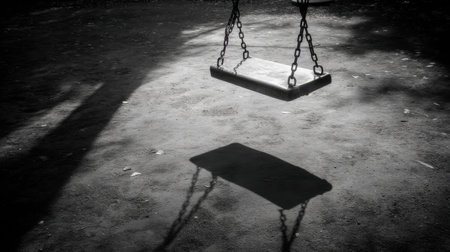An empty playground swing hangs silently, casting a shadow on the ground, evoking nostalgia for childhood and quiet moments in nature.の素材