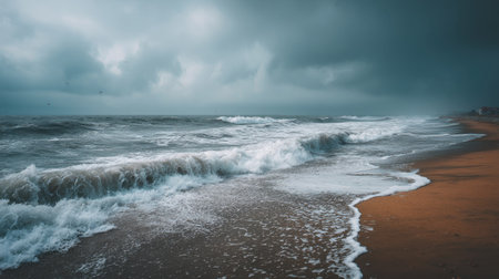 A captivating beach scene featuring dark clouds above and gentle waves lapping at the shore, evoking feelings of serenity and nature's power.の素材