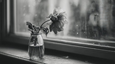 This captivating black and white image features a solitary rose in a jar on a rainy windowsill, evoking emotions of beauty and melancholy. The rain-soaked window enhances the serene atmosphere, perfect for artistic reflection.の素材