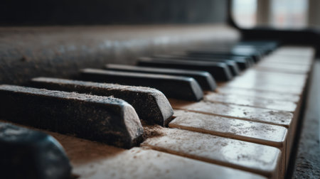 This close-up image captures the dusty keys of an old piano, revealing the beauty of vintage craftsmanship and the passage of time in a music-filled space.の素材