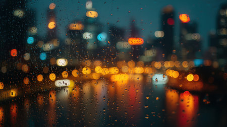 Experience a captivating city scene where raindrops adorn a window, creating a dreamy blur of urban lights and reflections at night.の素材