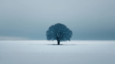 A lone tree stands majestically in a vast snowy field beneath a moody sky, creating a serene atmosphere perfect for winter-themed projects.の素材