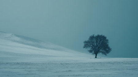 A stunning portrayal of a solitary tree standing amidst a blanket of snow, capturing the serene and tranquil essence of winter's beauty.の素材