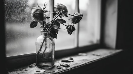 A black and white still life image featuring withered roses in a glass jar placed on a wooden windowsill, capturing a moment of tranquility and nostalgia.の素材
