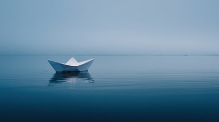 A serene image of a paper boat gently floating on calm waters, enveloped in soft blue mist, creating a peaceful and tranquil atmosphere.の素材