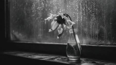 A captivating black and white image featuring a wilting sunflower in a glass vase set against a rain-soaked window, evoking feelings of solitude and beauty.の素材