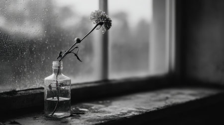 A serene black and white composition featuring a single flower in a glass bottle resting on a windowsill. Rain streaks enhance the tranquil atmosphere.の素材